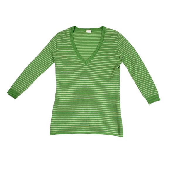 J Crew 100% Cashmere Sweater Women XS Green Striped Minimalist Y2K V Neck - Picture 1 of 6
